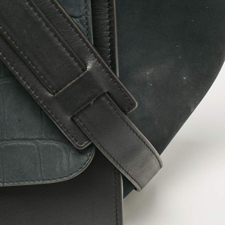Pre Owned Celine Black Croc Embossed Nubuck and Leather Medium Trapeze Bag