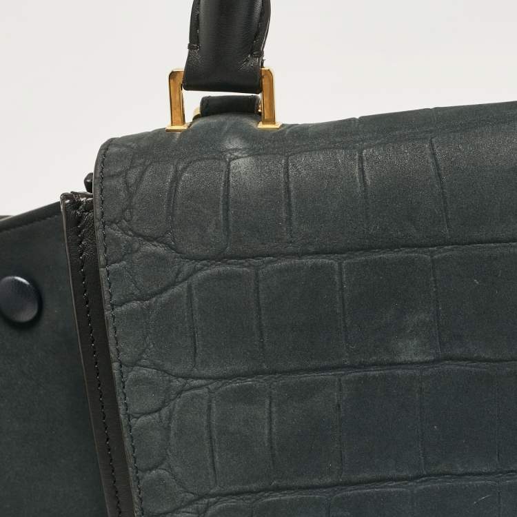 Pre Owned Celine Black Croc Embossed Nubuck and Leather Medium Trapeze Bag