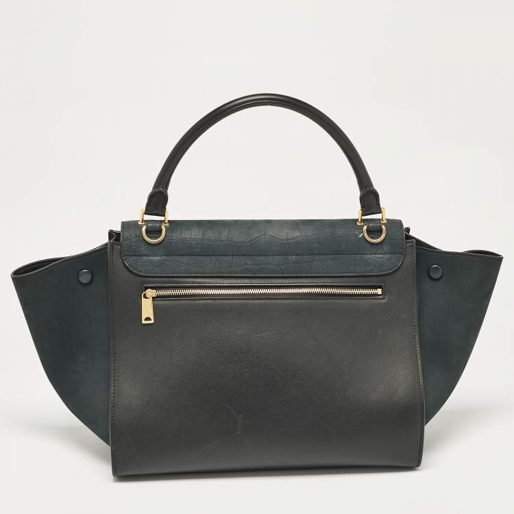 Pre Owned Celine Black Croc Embossed Nubuck and Leather Medium Trapeze Bag