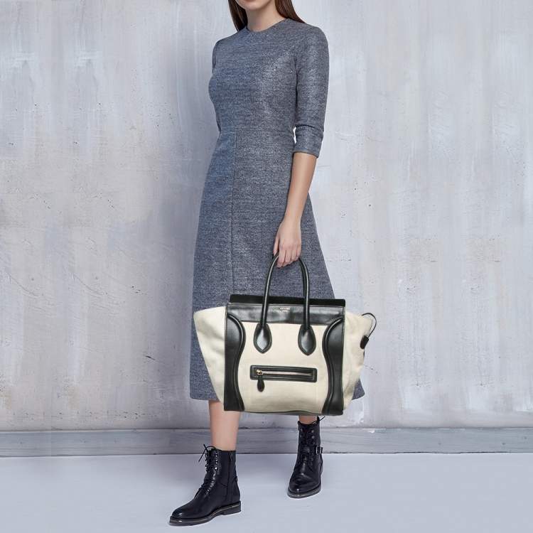 Pre Owned Celine Black/Off-White Canvas and Leather Mini Luggage Tote