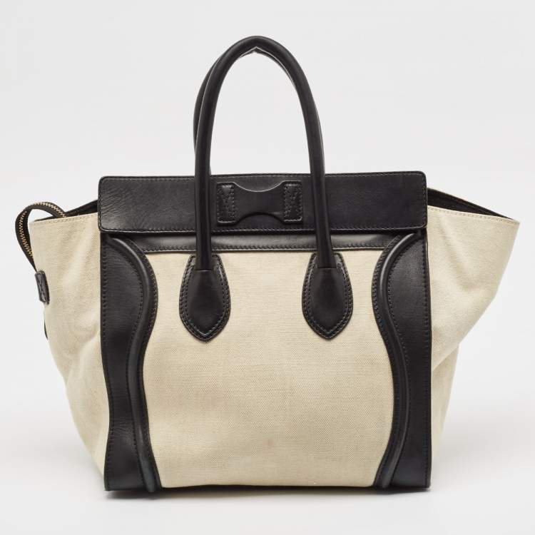Pre Owned Celine Black/Off-White Canvas and Leather Mini Luggage Tote