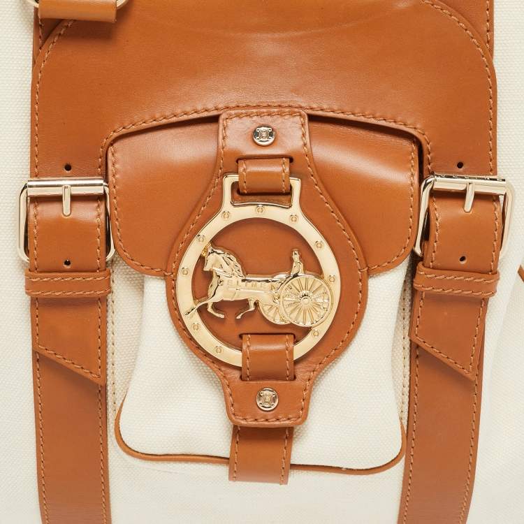 Pre Owned Celine Beige/Off White Canvas and Leather Horse Carriage Tote