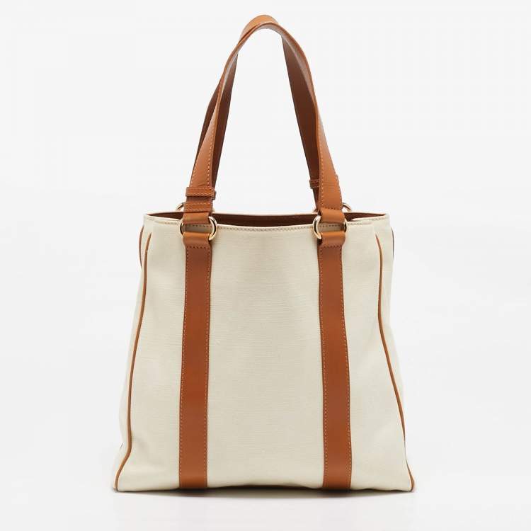 Pre Owned Celine Beige/Off White Canvas and Leather Horse Carriage Tote