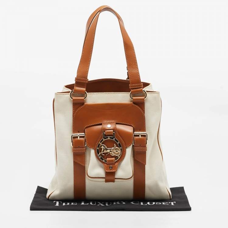 Pre Owned Celine Beige/Off White Canvas and Leather Horse Carriage Tote