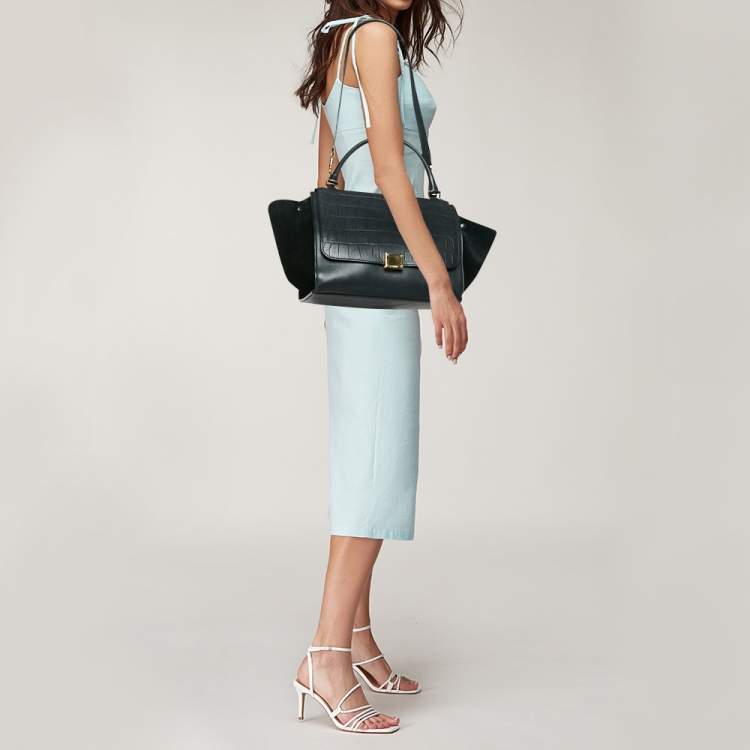 Pre Owned Celine Black Croc Embossed Leather and Suede Medium Trapeze Top Handle Bag