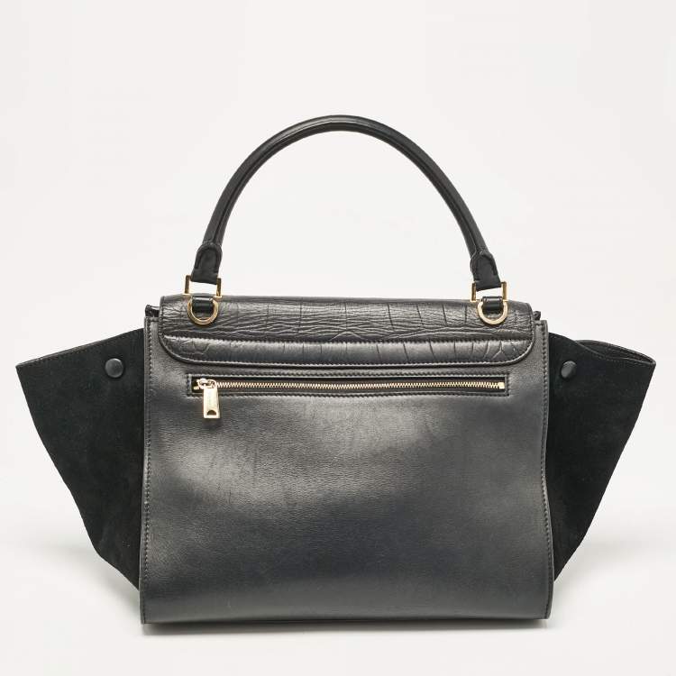 Pre Owned Celine Black Croc Embossed Leather and Suede Medium Trapeze Top Handle Bag