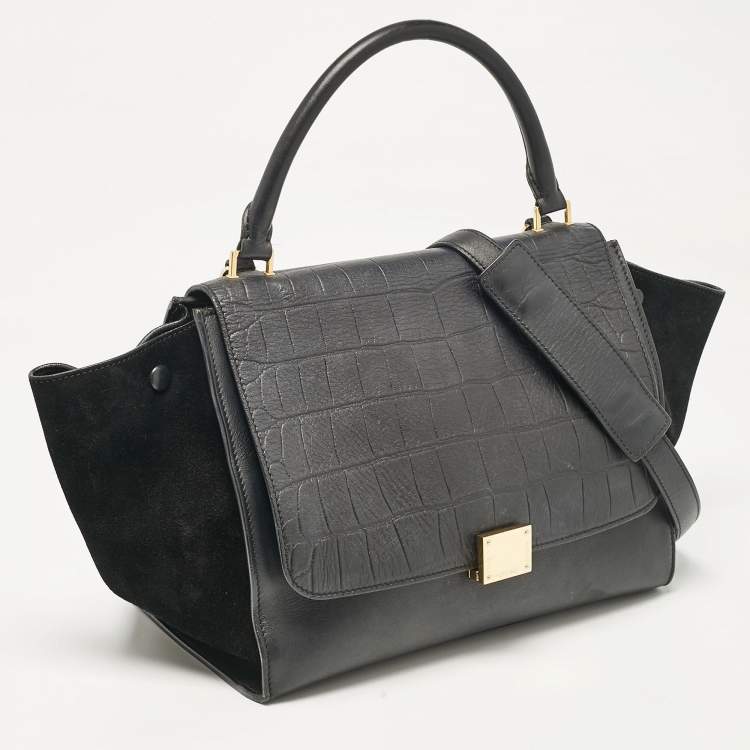 Pre Owned Celine Black Croc Embossed Leather and Suede Medium Trapeze Top Handle Bag