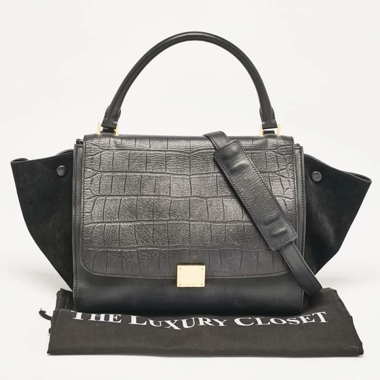 Pre Owned Celine Black Croc Embossed Leather and Suede Medium Trapeze Top Handle Bag