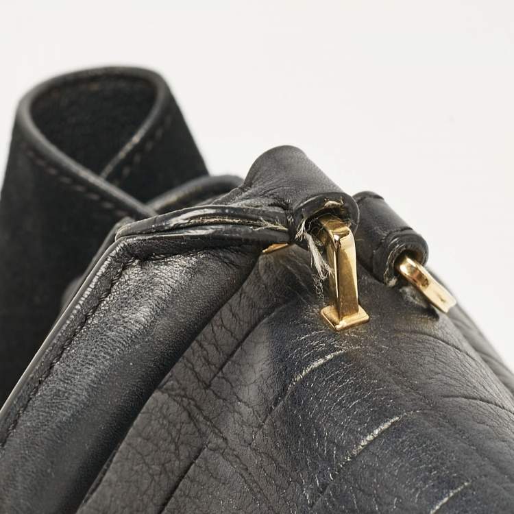 Pre Owned Celine Black Croc Embossed Leather and Suede Medium Trapeze Top Handle Bag