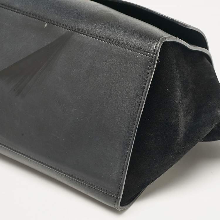 Pre Owned Celine Black Croc Embossed Leather and Suede Medium Trapeze Top Handle Bag