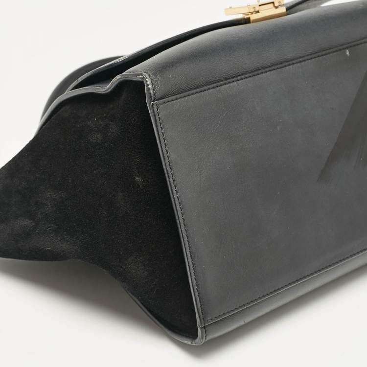 Pre Owned Celine Black Croc Embossed Leather and Suede Medium Trapeze Top Handle Bag