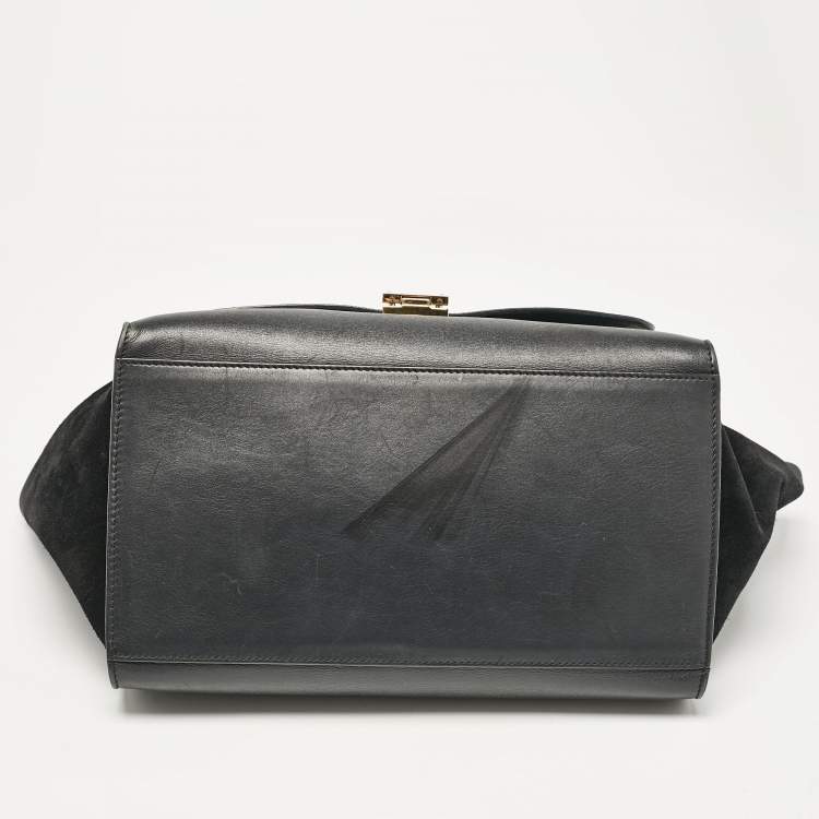 Pre Owned Celine Black Croc Embossed Leather and Suede Medium Trapeze Top Handle Bag