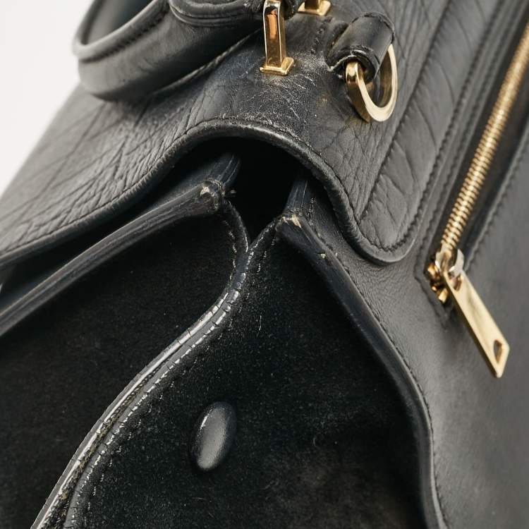 Pre Owned Celine Black Croc Embossed Leather and Suede Medium Trapeze Top Handle Bag