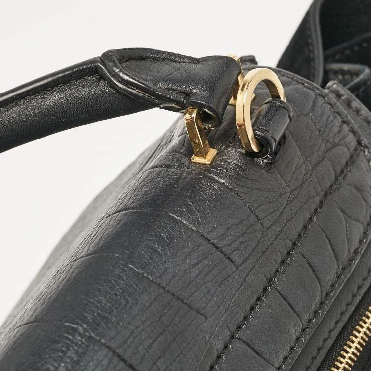 Pre Owned Celine Black Croc Embossed Leather and Suede Medium Trapeze Top Handle Bag