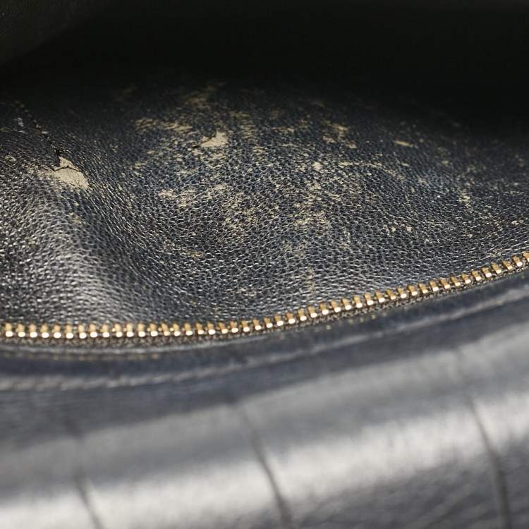 Pre Owned Celine Black Croc Embossed Leather and Suede Medium Trapeze Top Handle Bag