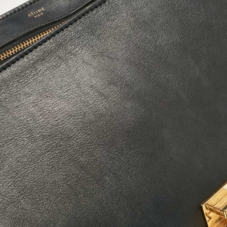 Pre Owned Celine Black Croc Embossed Leather and Suede Medium Trapeze Top Handle Bag