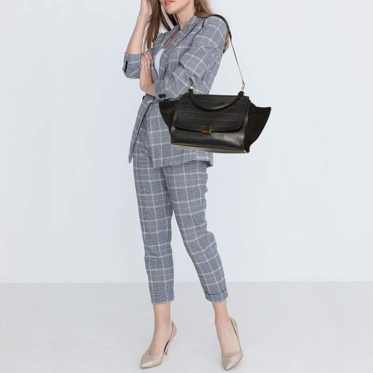 Pre Owned Celine Black Croc Embossed Leather and Suede Medium Trapeze Top Handle Bag