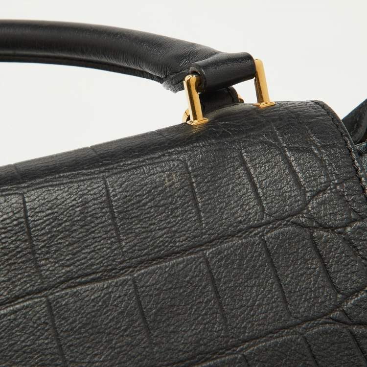 Pre Owned Celine Black Croc Embossed Leather and Suede Medium Trapeze Top Handle Bag