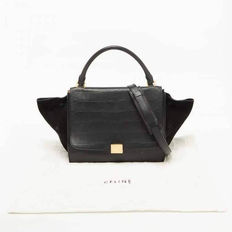 Pre Owned Celine Black Croc Embossed Leather and Suede Medium Trapeze Top Handle Bag