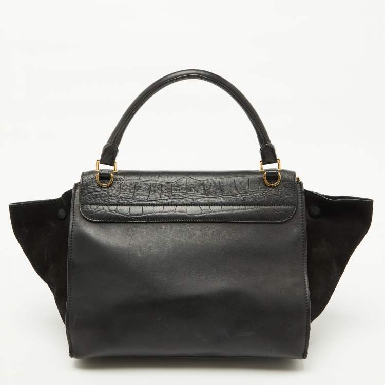 Pre Owned Celine Black Croc Embossed Leather and Suede Medium Trapeze Top Handle Bag