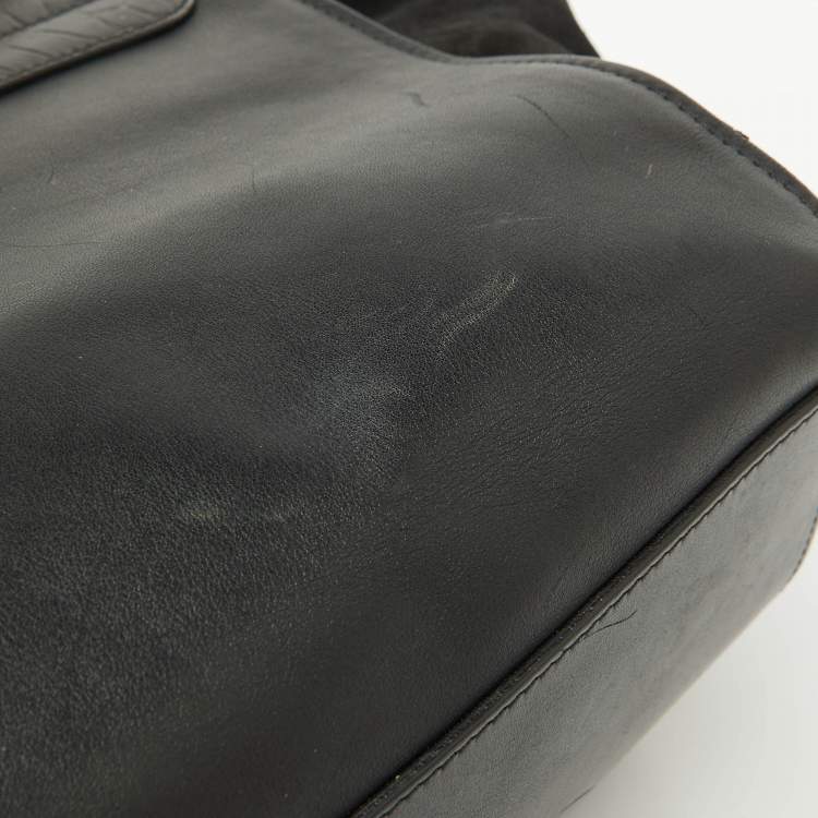 Pre Owned Celine Black Croc Embossed Leather and Suede Medium Trapeze Top Handle Bag