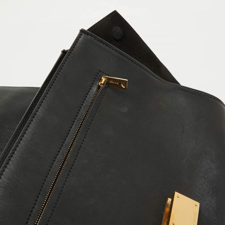 Pre Owned Celine Black Croc Embossed Leather and Suede Medium Trapeze Top Handle Bag