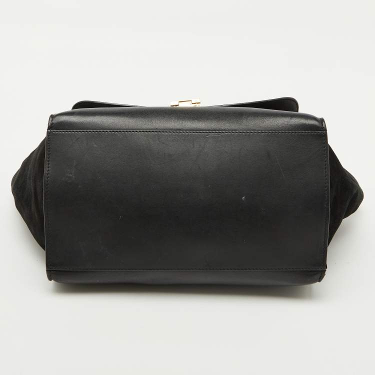 Pre Owned Celine Black Croc Embossed Leather and Suede Medium Trapeze Top Handle Bag