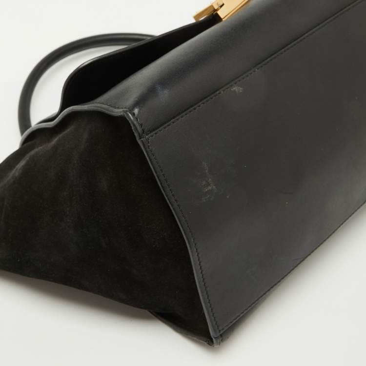 Pre Owned Celine Black Croc Embossed Leather and Suede Medium Trapeze Top Handle Bag