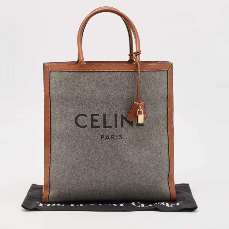 Pre Owned Celine Grey/Brown Wool and Leather Large Vertical Cabas Tote