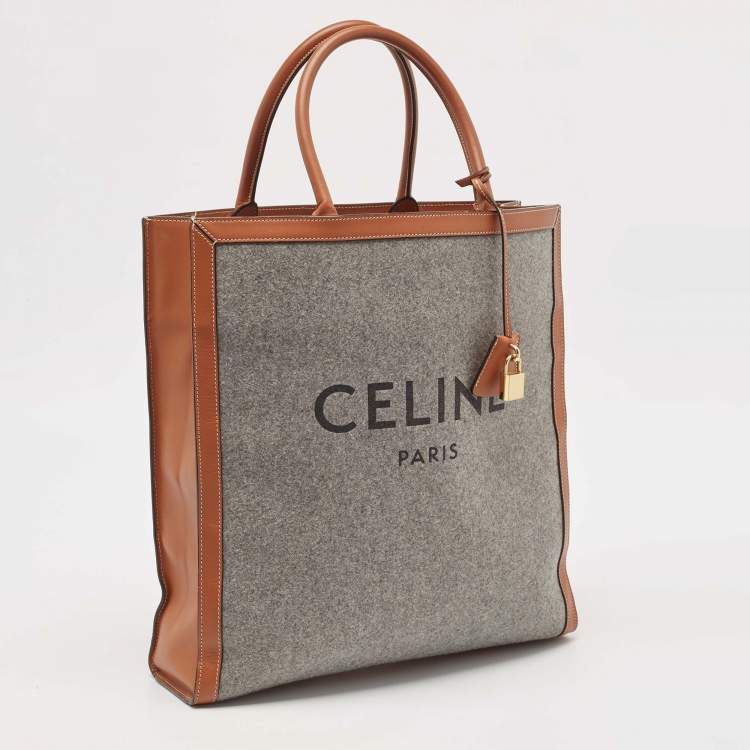 Pre Owned Celine Grey/Brown Wool and Leather Large Vertical Cabas Tote