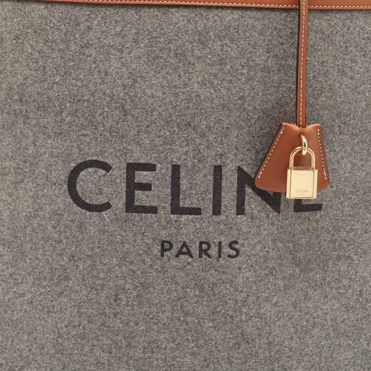 Pre Owned Celine Grey/Brown Wool and Leather Large Vertical Cabas Tote