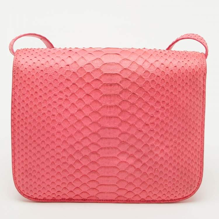 Pre Owned Celine Neon Pink Python Classic Box Flap Crossbody Bag