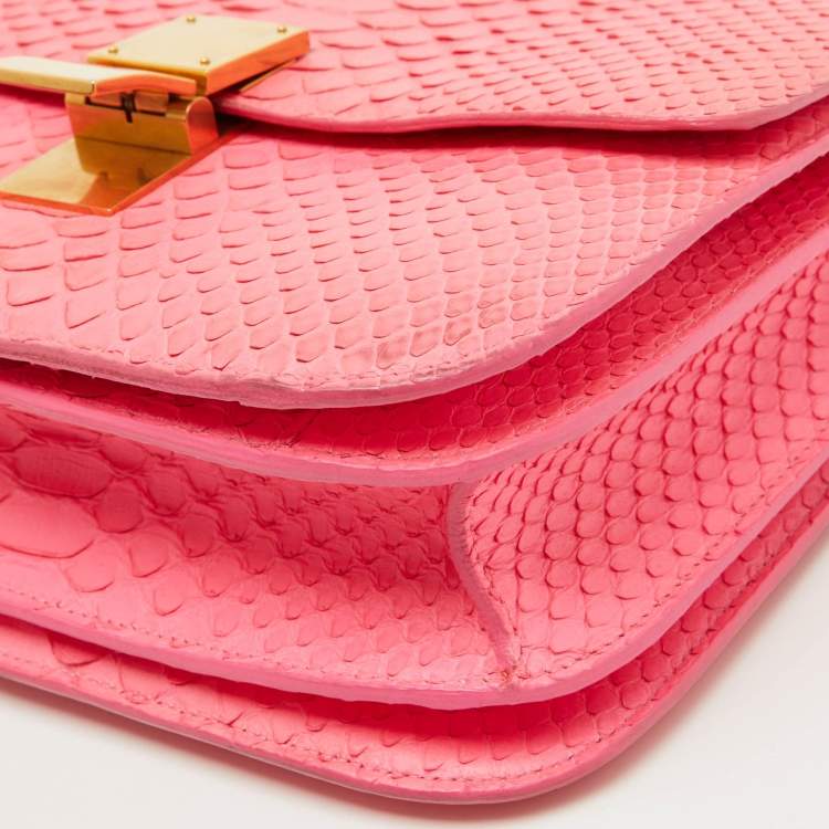 Pre Owned Celine Neon Pink Python Classic Box Flap Crossbody Bag