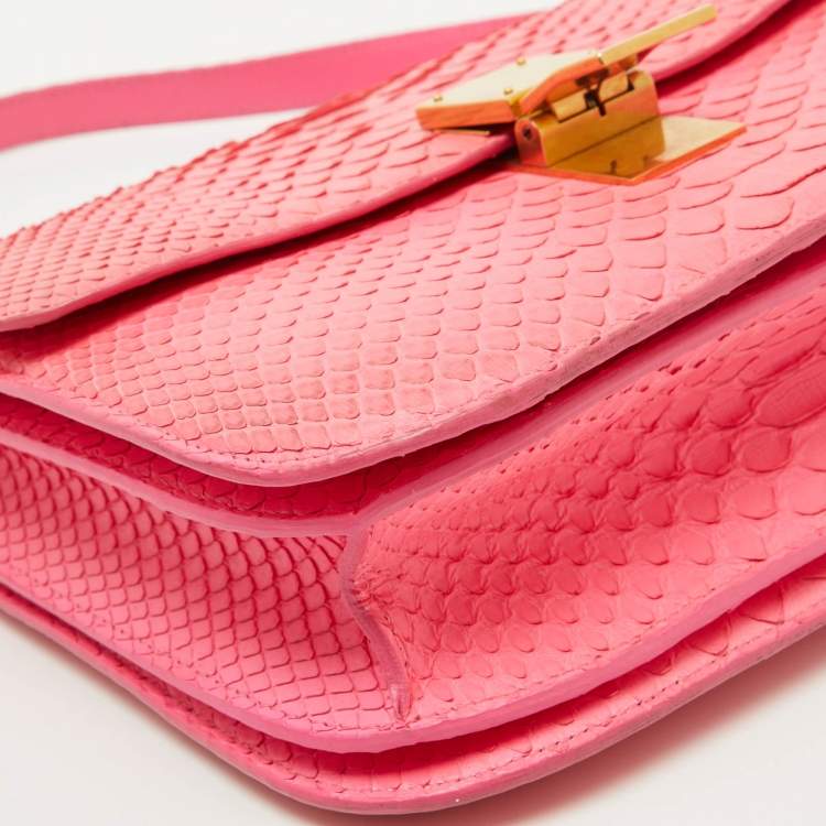 Pre Owned Celine Neon Pink Python Classic Box Flap Crossbody Bag