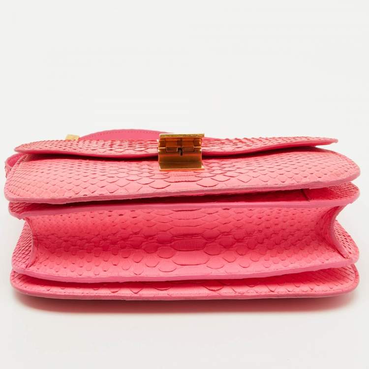 Pre Owned Celine Neon Pink Python Classic Box Flap Crossbody Bag