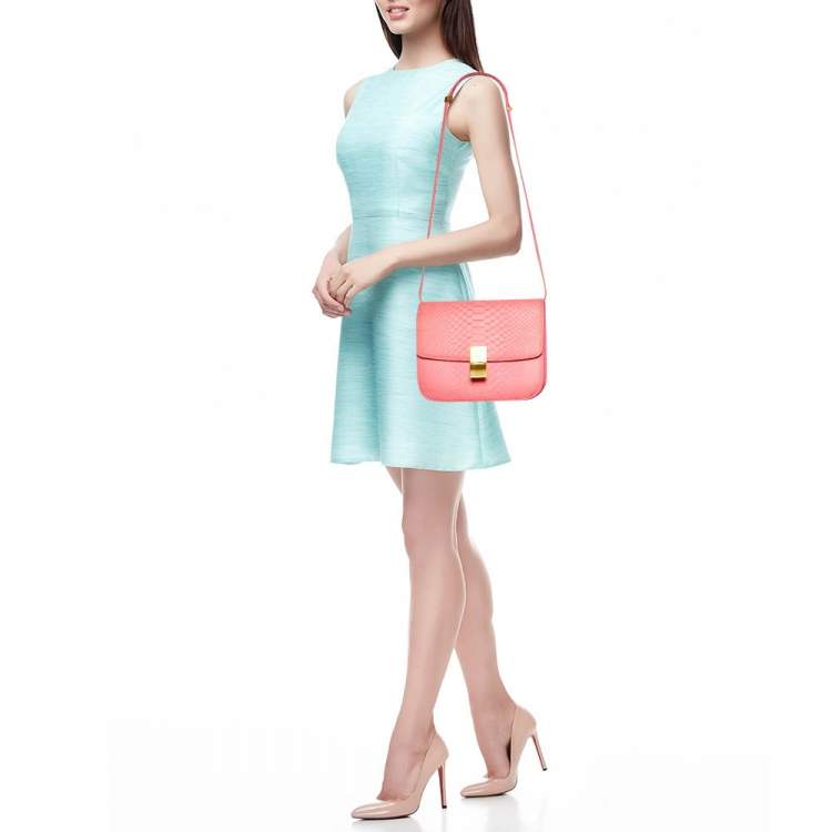 Pre Owned Celine Neon Pink Python Classic Box Flap Crossbody Bag