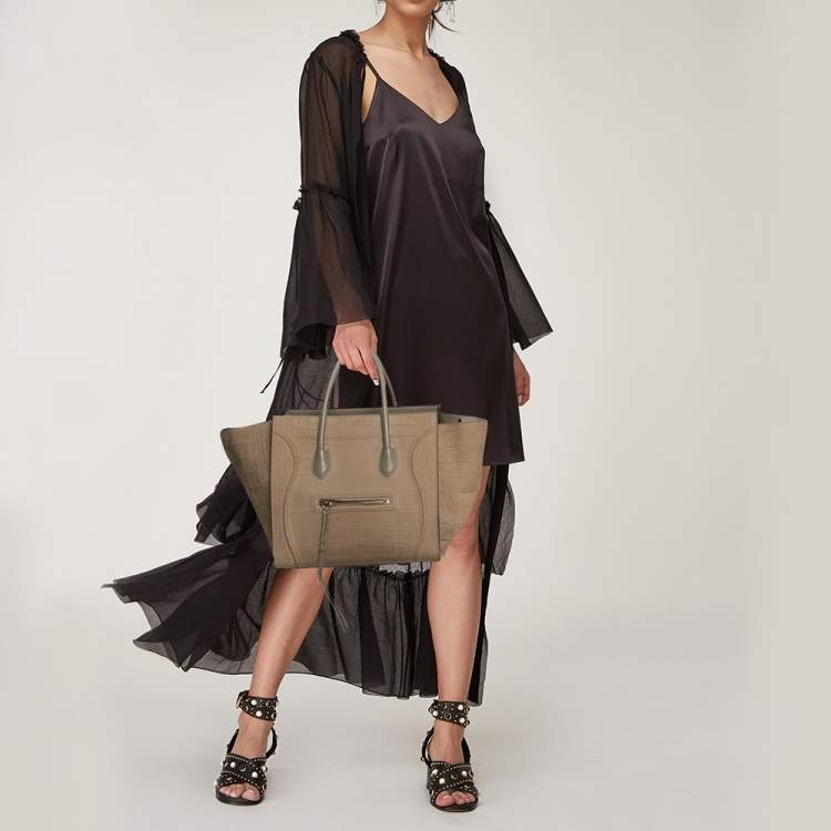 مملوكة مسبقًا Celine Beige Croc Embossed Nubuck Leather Medium Phantom Luggage Tote