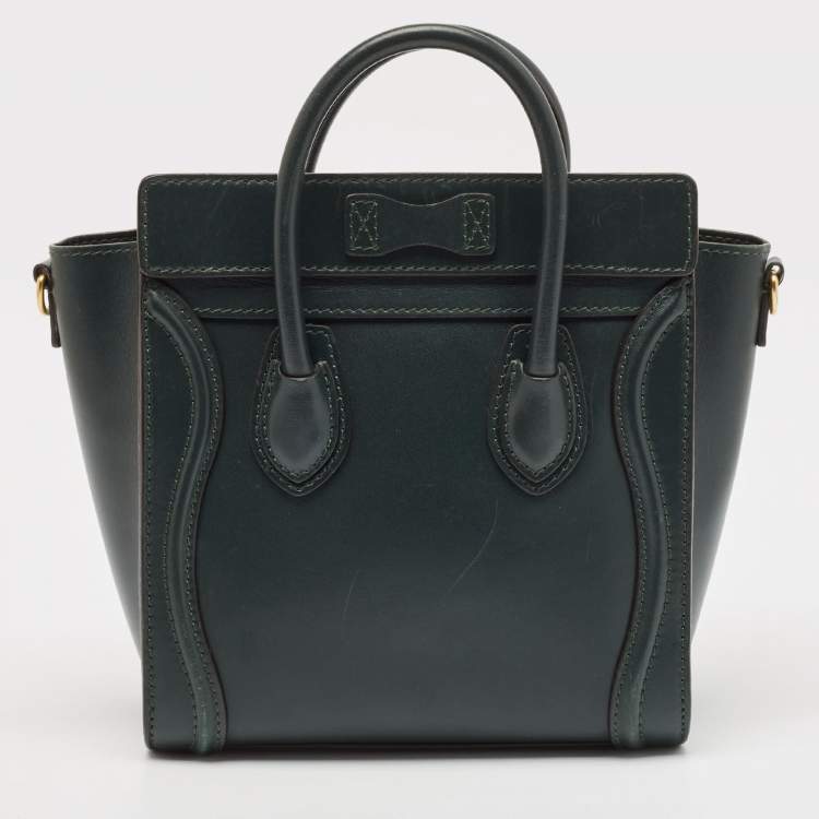 Pre Owned Celine Dark Green Leather Nano Luggage Tote