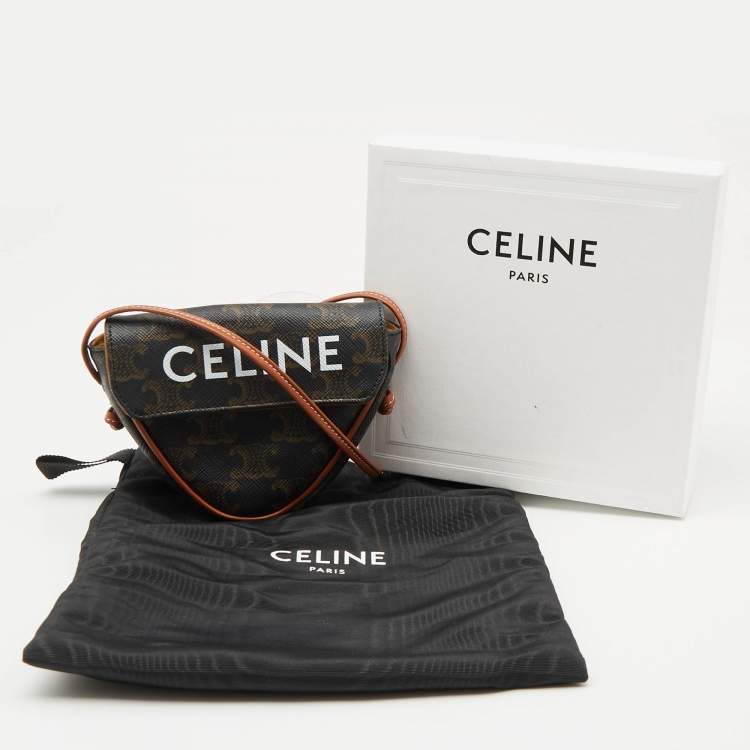 Pre Owned Celine Dark Brown Coated Canvas and Leather Triomphe Triangle Crossbody Bag