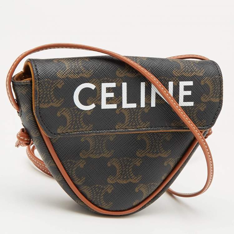Pre Owned Celine Dark Brown Coated Canvas and Leather Triomphe Triangle Crossbody Bag