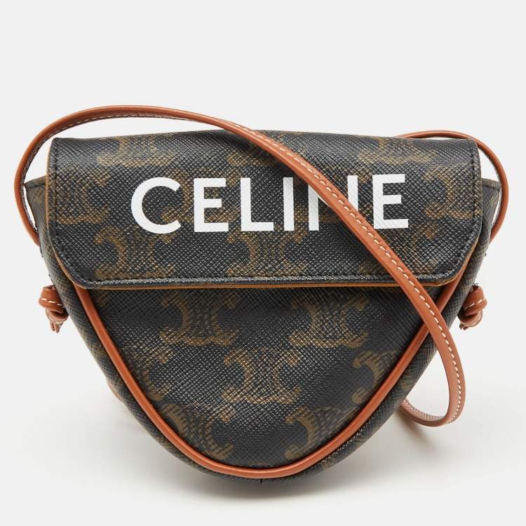 Pre Owned Celine Dark Brown Coated Canvas and Leather Triomphe Triangle Crossbody Bag