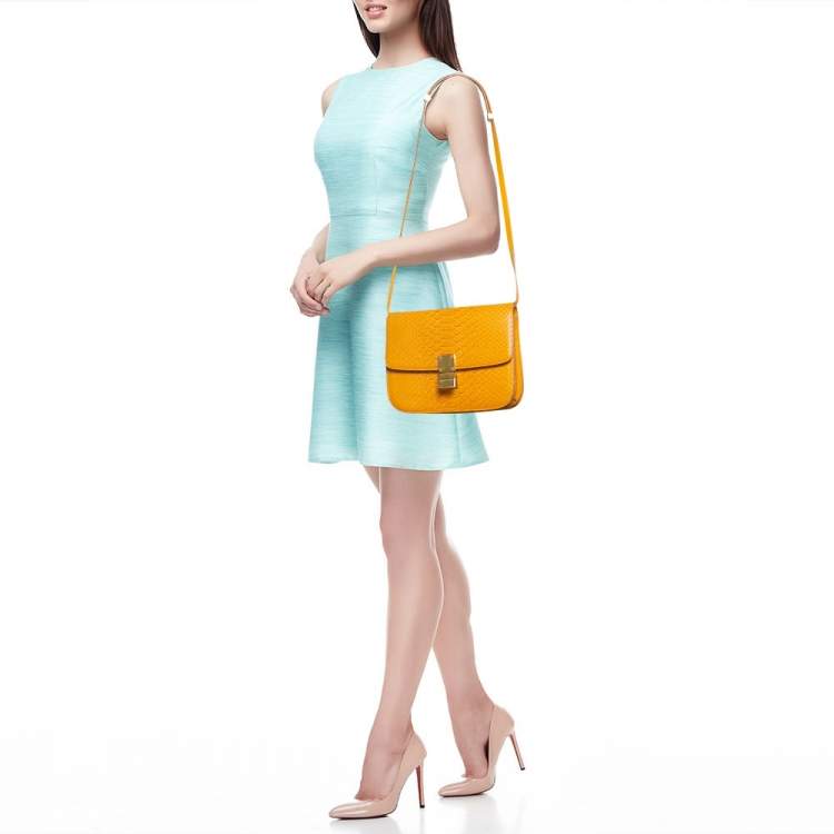 Pre Owned Celine Mustard Python Medium Classic Box Shoulder Bag