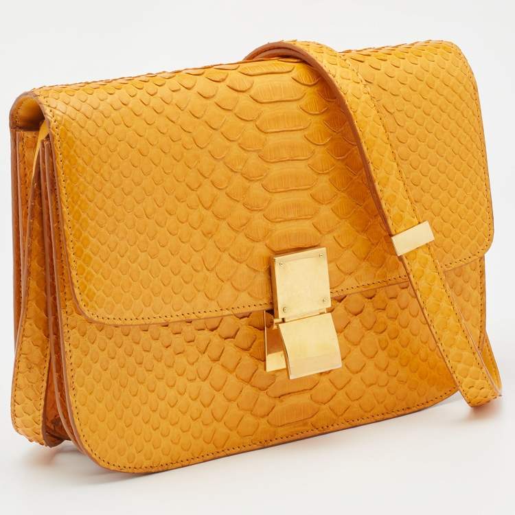Pre Owned Celine Mustard Python Medium Classic Box Shoulder Bag
