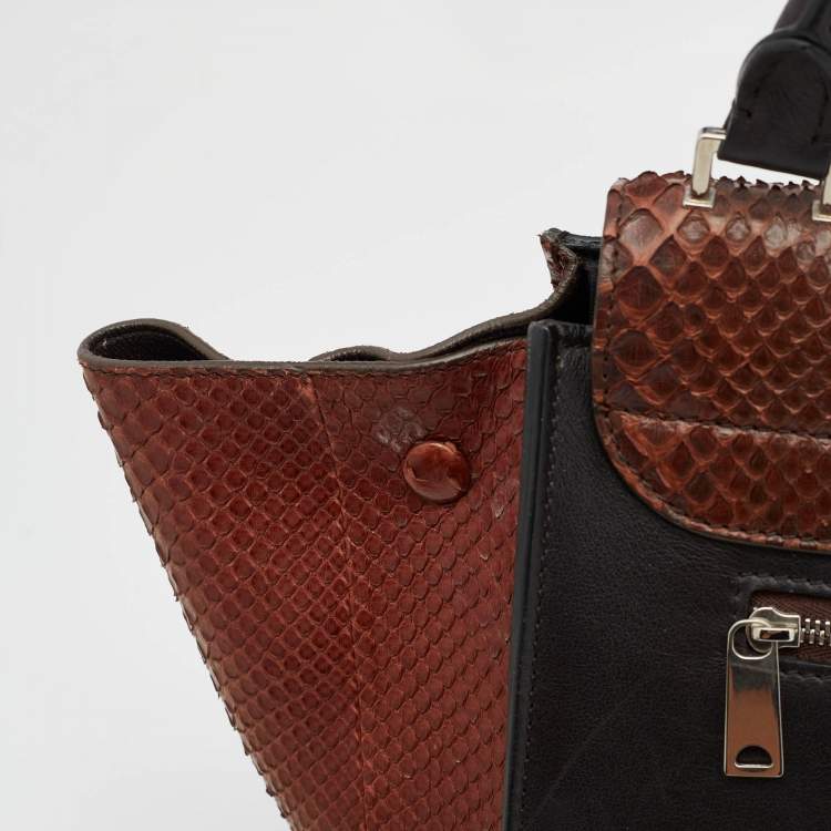 Pre Owned Celine Brown/Black Python and Leather Large Trapeze Top Handle Bag