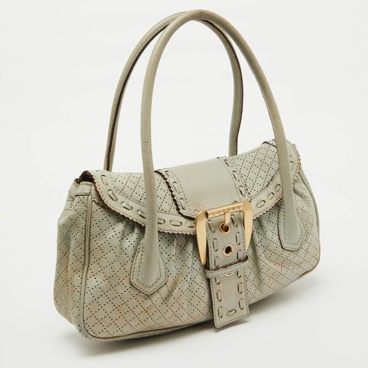 Pre Owned Celine Light Grey Perforated Leather Buckle Detail Satchel