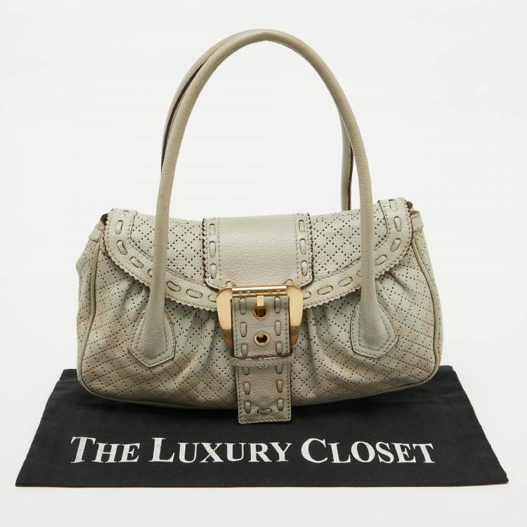 Pre Owned Celine Light Grey Perforated Leather Buckle Detail Satchel