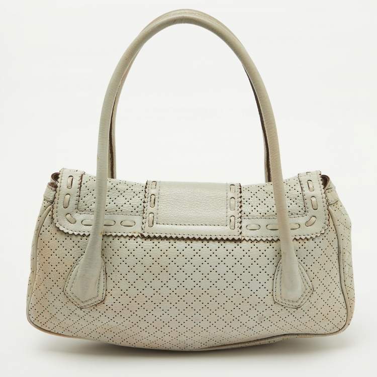 Pre Owned Celine Light Grey Perforated Leather Buckle Detail Satchel