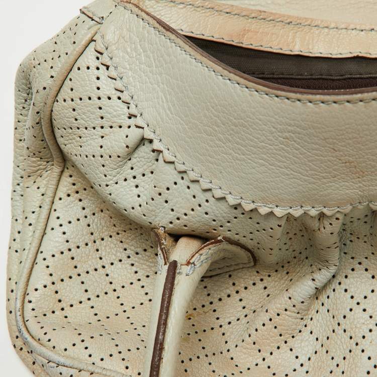 Pre Owned Celine Light Grey Perforated Leather Buckle Detail Satchel