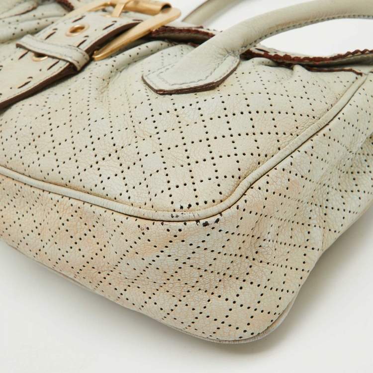 Pre Owned Celine Light Grey Perforated Leather Buckle Detail Satchel