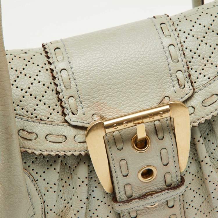 Pre Owned Celine Light Grey Perforated Leather Buckle Detail Satchel
